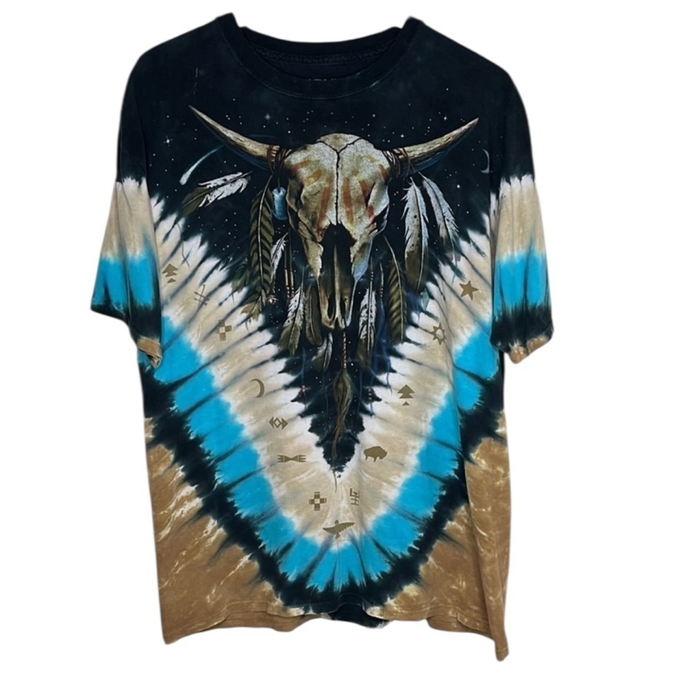Vintage Liquid Blue Tie Dye Brian Fox Skull Native American Tee Men Size XL